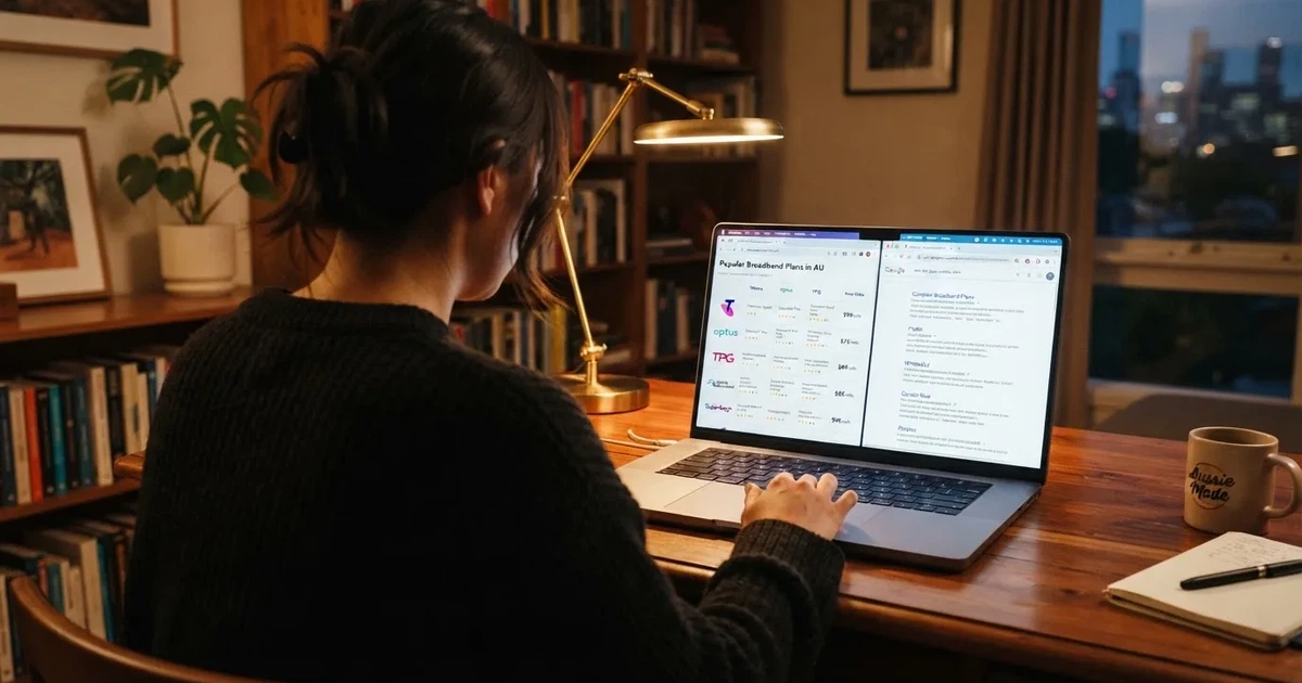 A laptop screen split between two browser tabs, one showing a comparison table and the other a search results page.