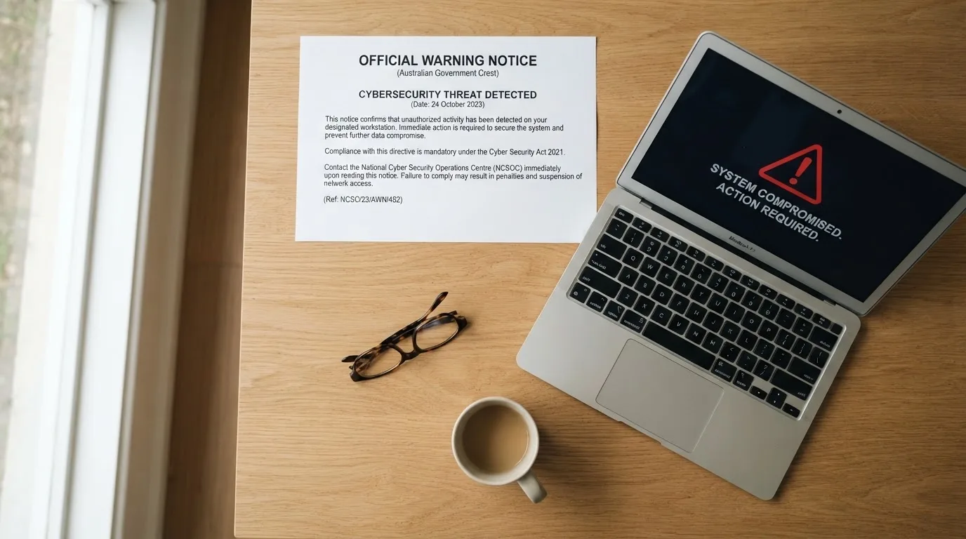 A printed government warning notice on a desk beside a laptop with a red alert icon on the screen.