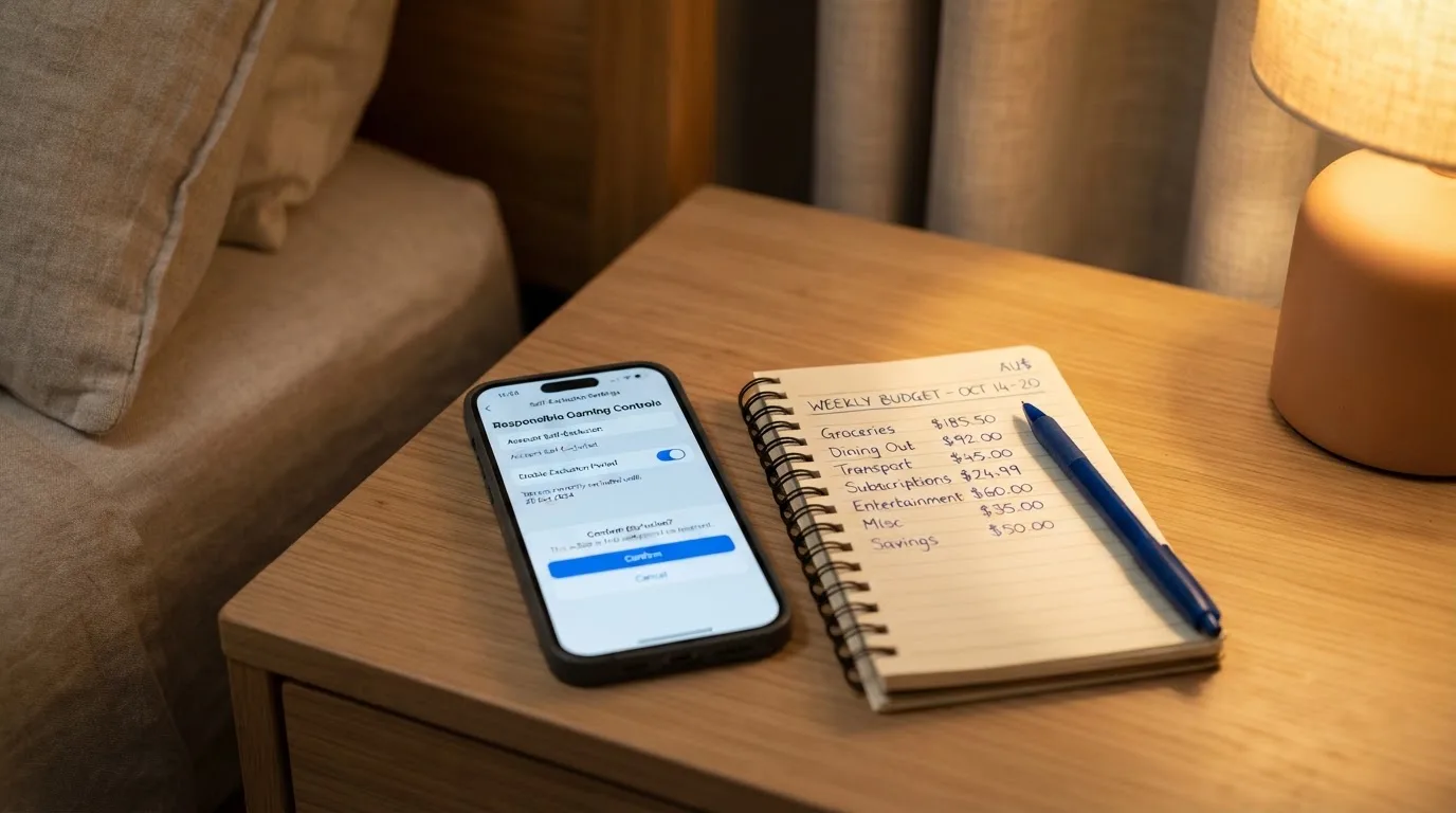 A phone showing a self-exclusion settings screen next to a notepad with a weekly budget written on it.