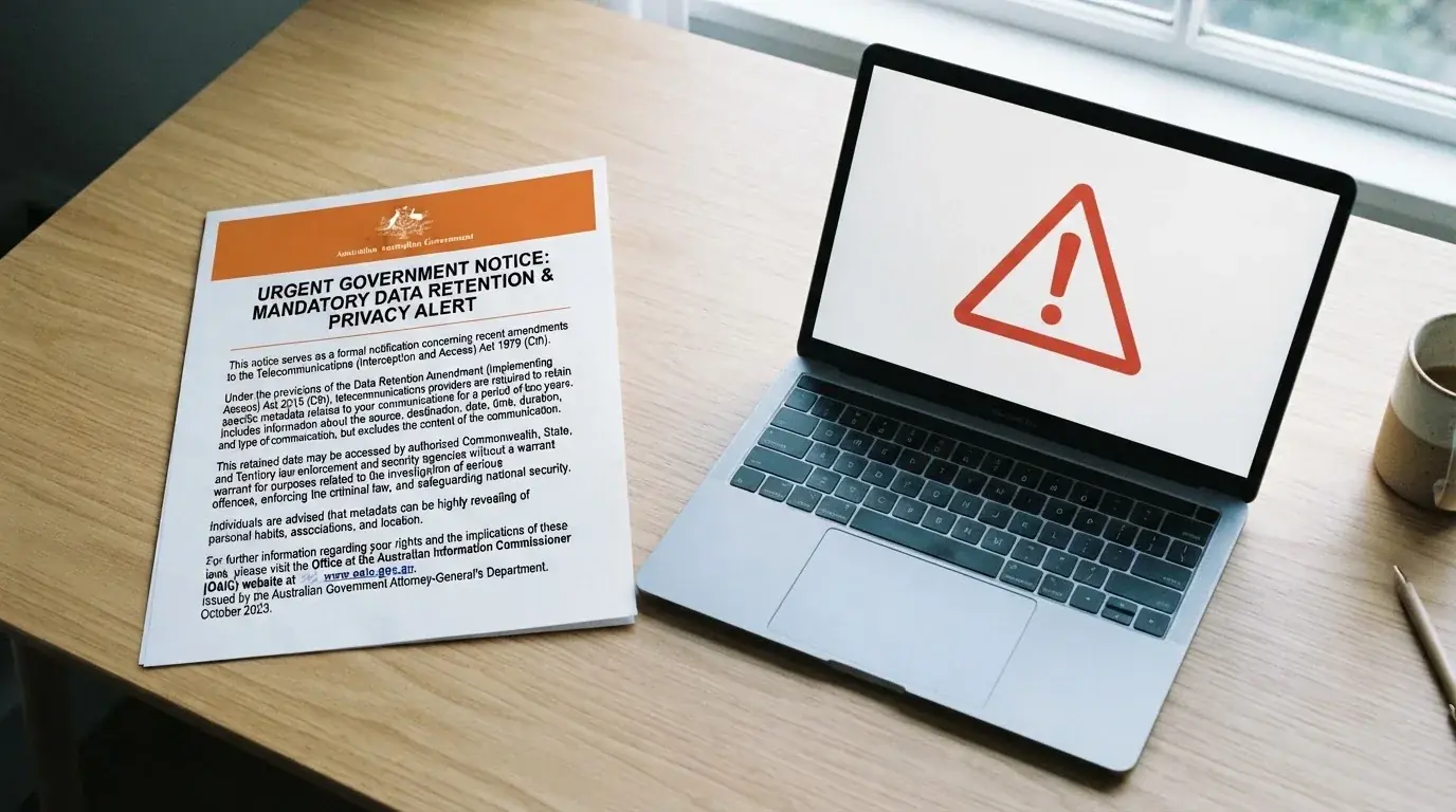 A printed government warning notice on a desk beside a laptop with a red alert icon on the screen.
