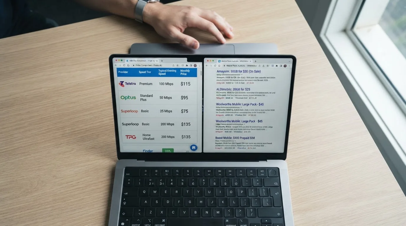 A laptop screen split between two browser tabs, one showing a comparison table and the other a search results page.