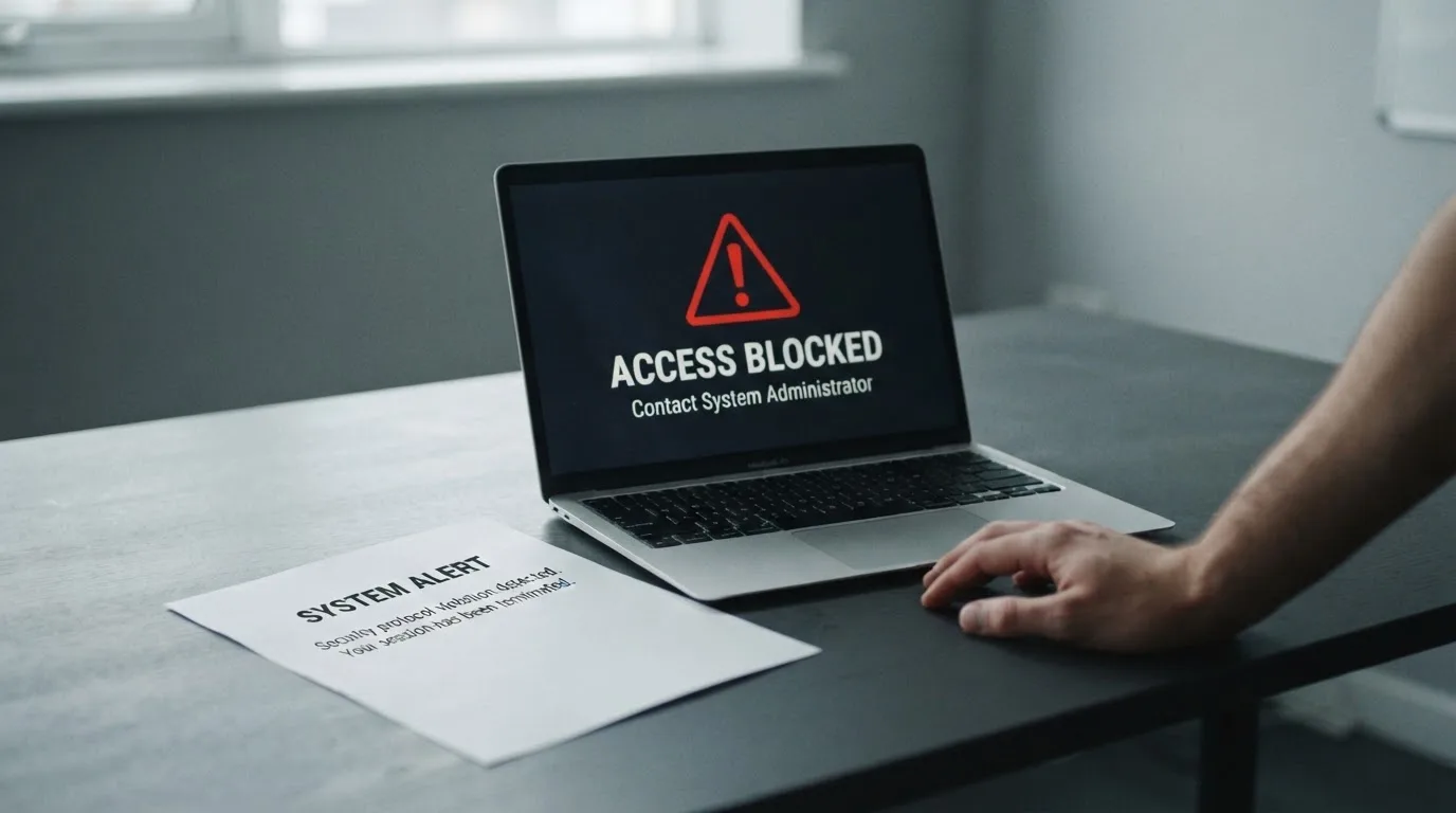 A printed government warning notice on a desk beside a laptop with a red alert icon on the screen.