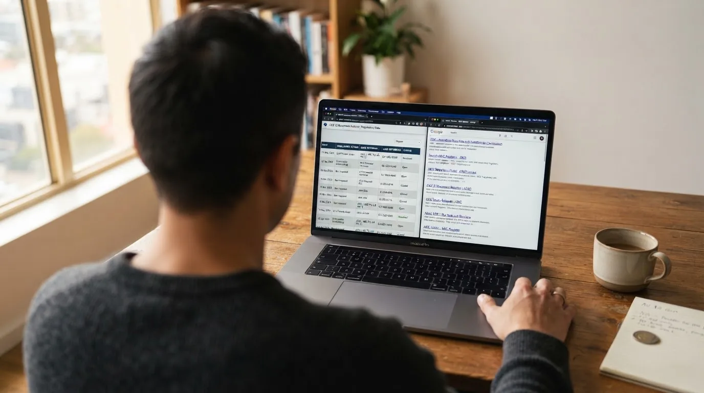 A laptop screen split between two browser tabs, one showing a comparison table and the other a search results page.