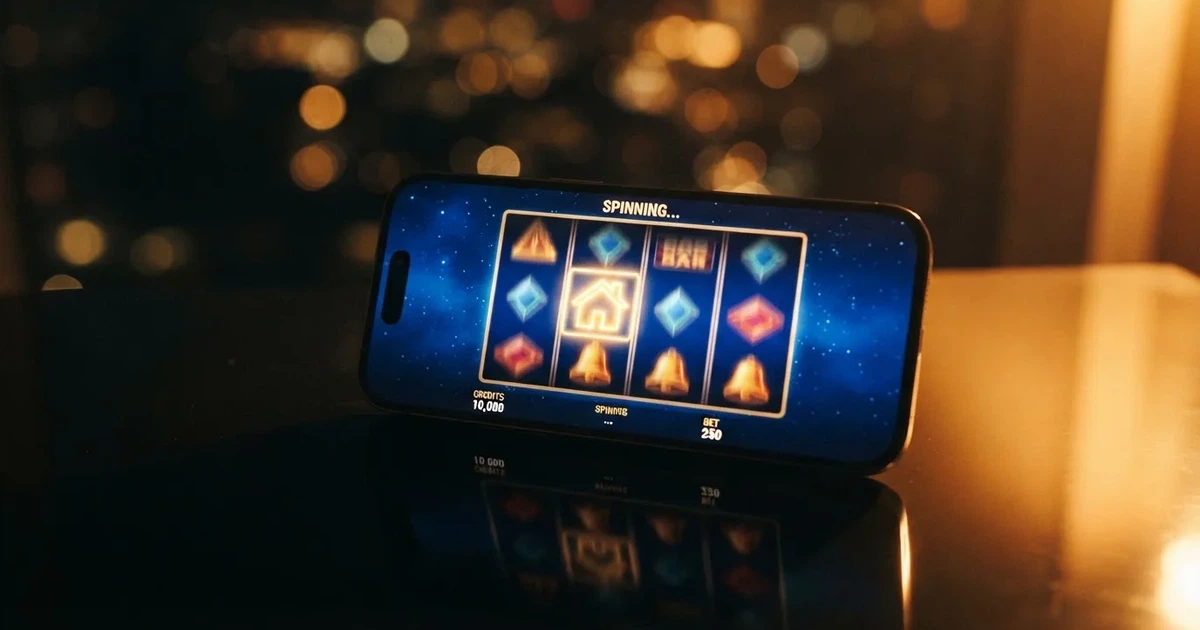 A close-up of a slot reel icon with a house-shaped motif on a screen.