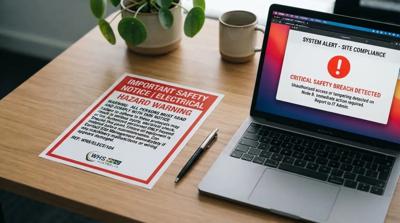 A printed government warning notice on a desk beside a laptop with a red alert icon on the screen.