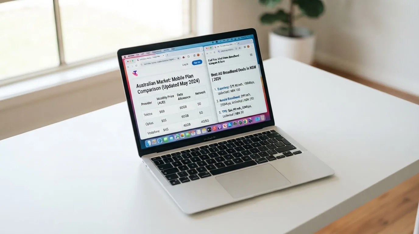 A laptop screen split between two browser tabs, one showing a comparison table and the other a search results page.
