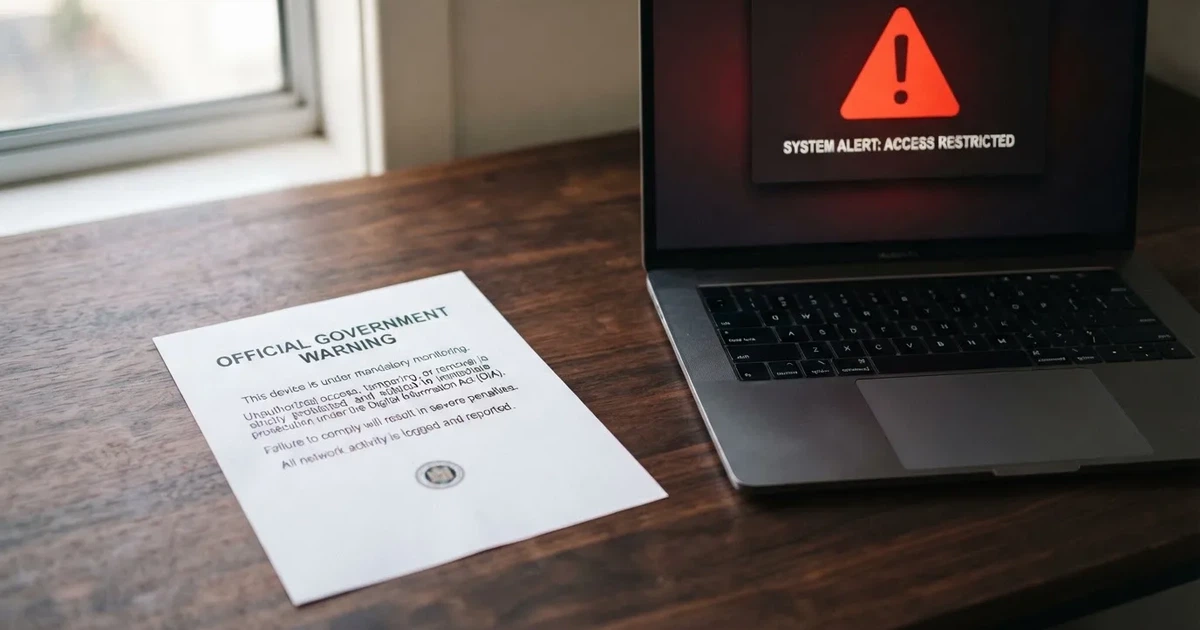 A printed government warning notice on a desk beside a laptop with a red alert icon on the screen.