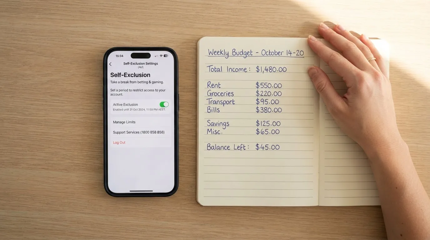 A phone showing a self-exclusion settings screen next to a notepad with a weekly budget written on it.