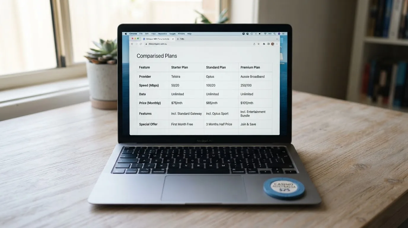 A laptop screen split between two browser tabs, one showing a comparison table and the other a search results page.