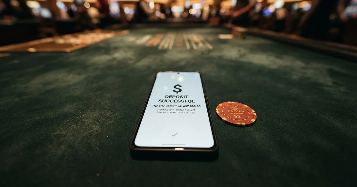 A phone displaying a bank transfer confirmation screen next to a stack of Australian dollar notes.