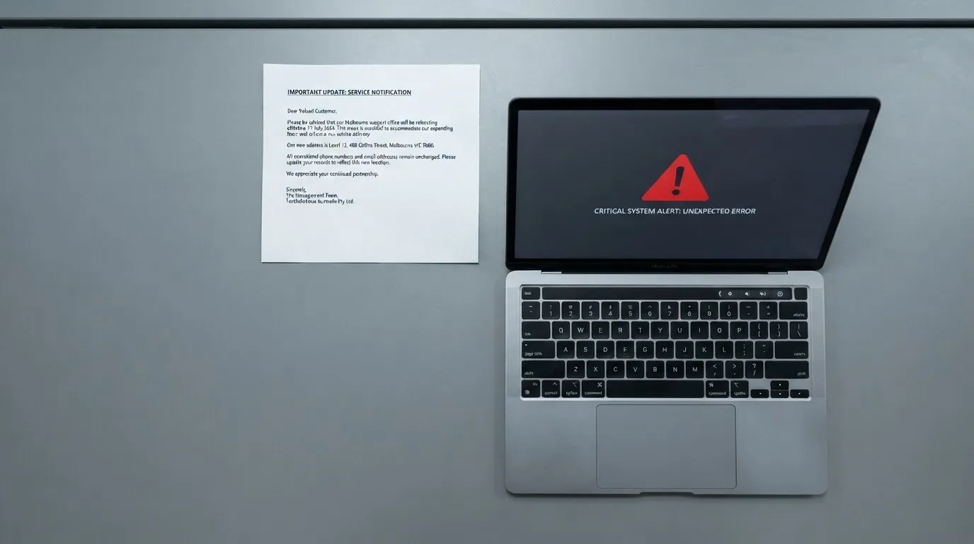 A printed government warning notice on a desk beside a laptop with a red alert icon on the screen.