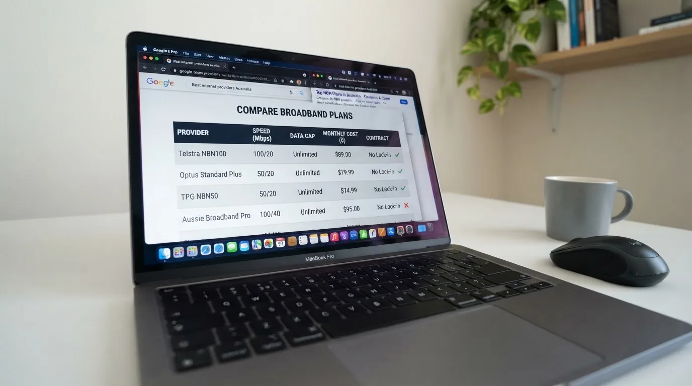 A laptop screen split between two browser tabs, one showing a comparison table and the other a search results page.