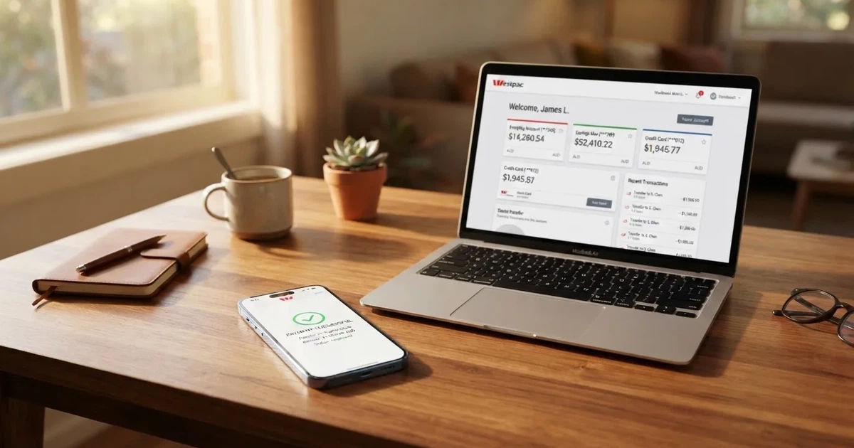 A phone showing a PayID-style bank transfer confirmation next to a laptop.