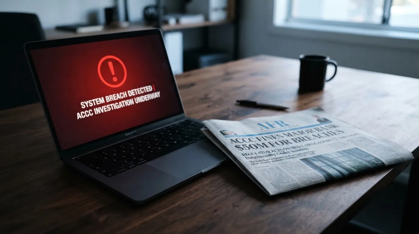A printed government warning notice on a desk beside a laptop with a red alert icon on the screen.