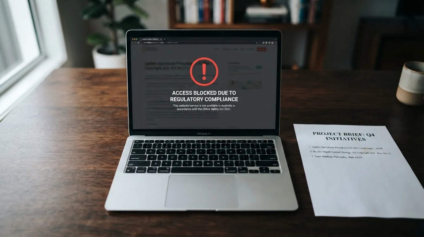 A printed government warning notice on a desk beside a laptop with a red alert icon on the screen.