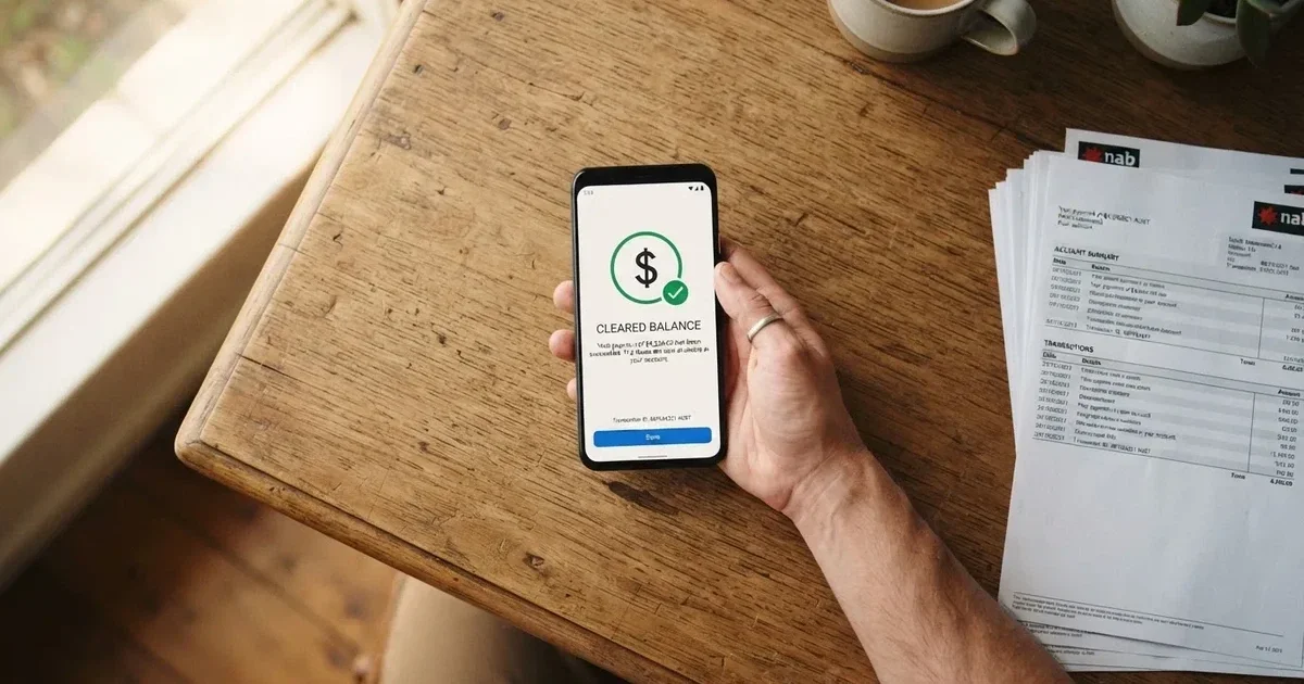 A hand holding a phone showing a cleared balance next to a stack of printed bank statements.