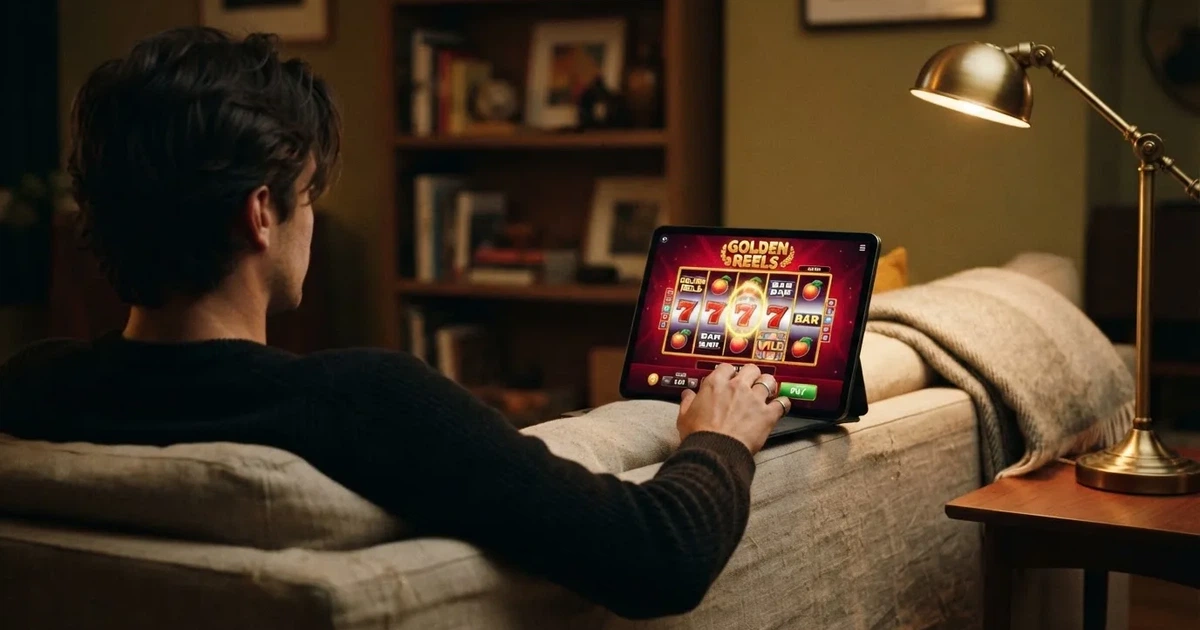 A hand holding a tablet with a touchscreen keypad displayed, resting on a couch armrest.