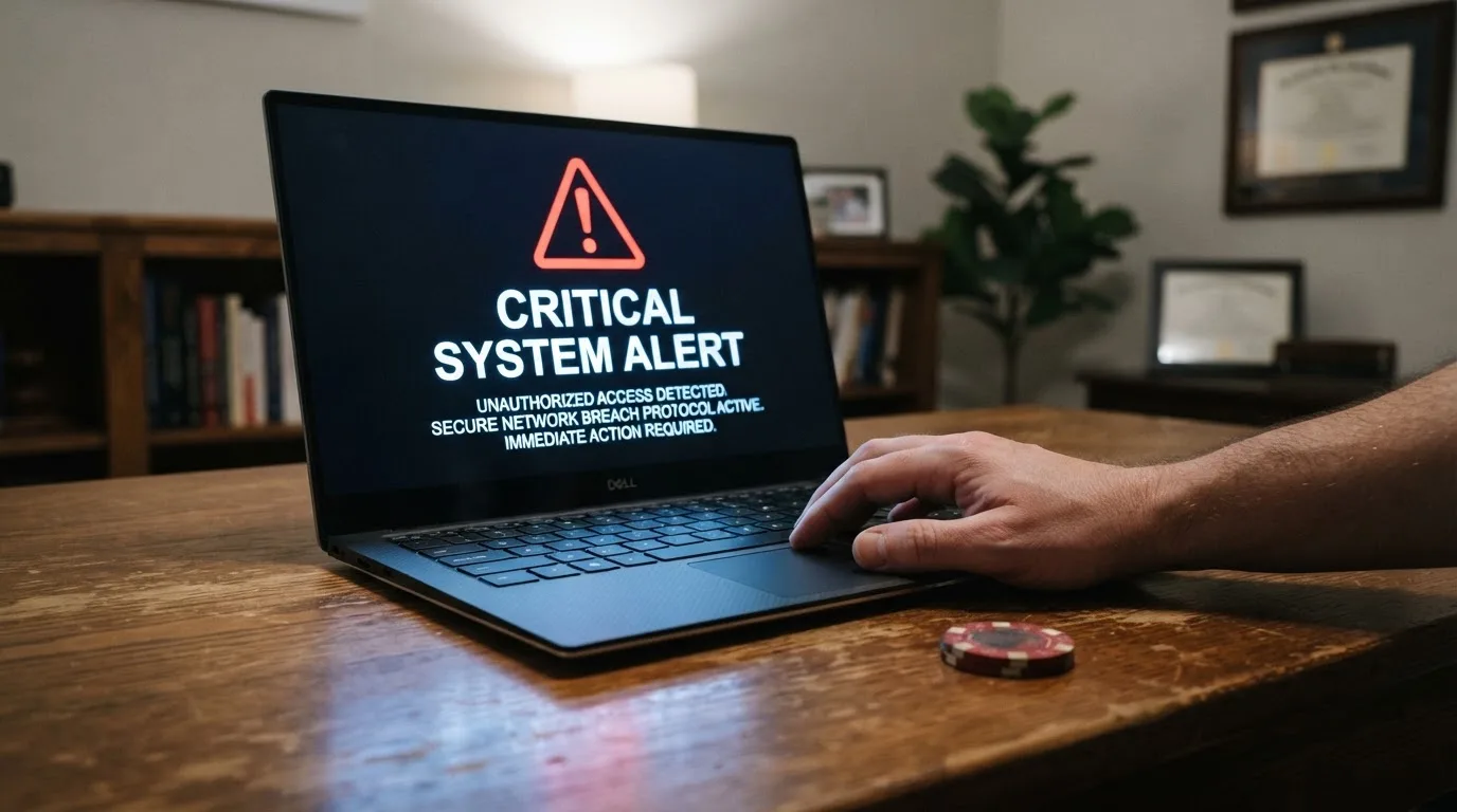 A printed government warning notice on a desk beside a laptop with a red alert icon on the screen.