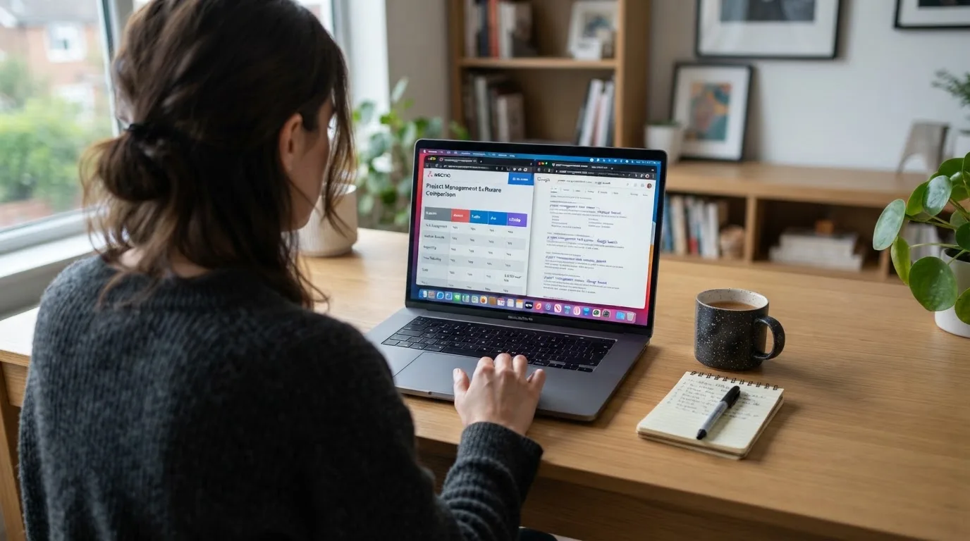 A laptop screen split between two browser tabs, one showing a comparison table and the other a search results page.