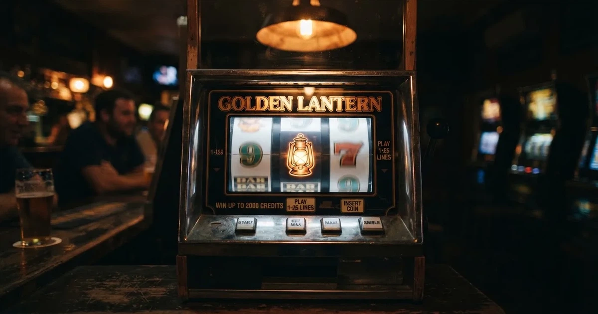 A close-up of a slot reel icon showing a stylised lantern motif on a cabinet screen.