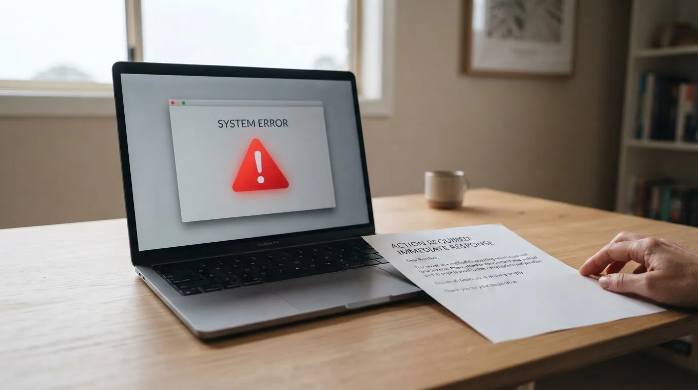 A printed government warning notice on a desk beside a laptop with a red alert icon on the screen.