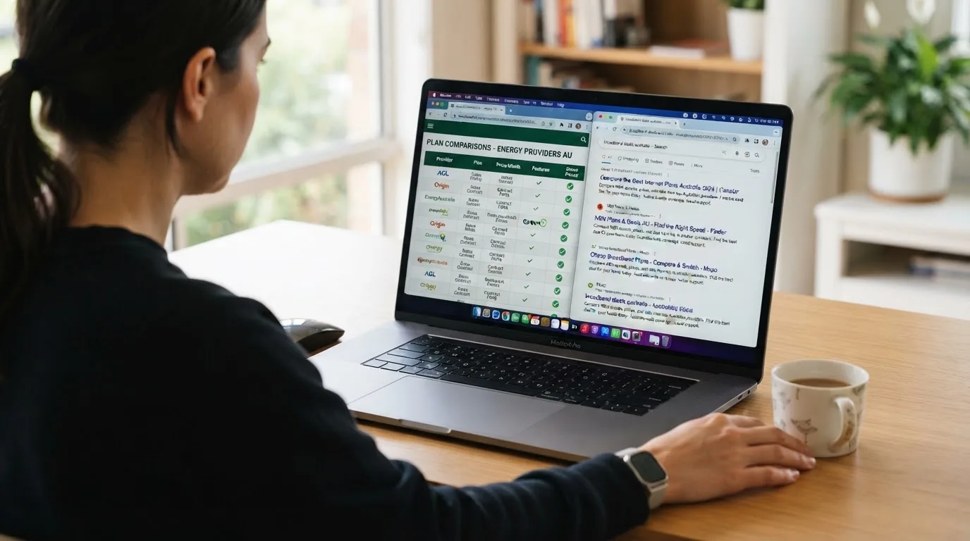A laptop screen split between two browser tabs, one showing a comparison table and the other a search results page.