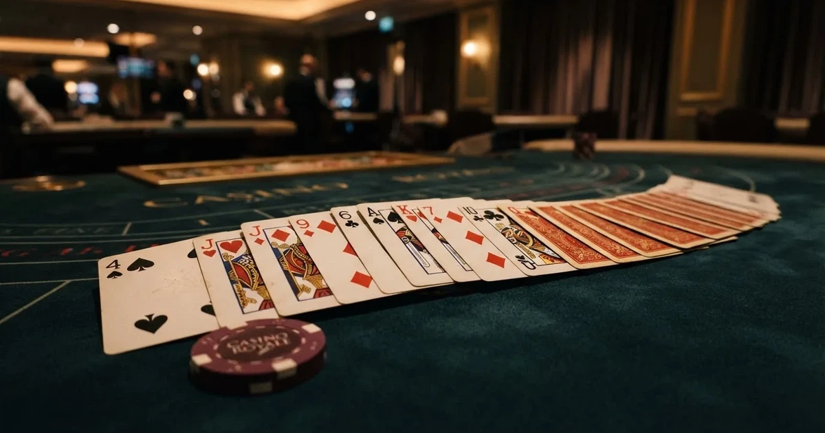 A close-up of a shuffled deck of playing cards fanned out on a green felt table.