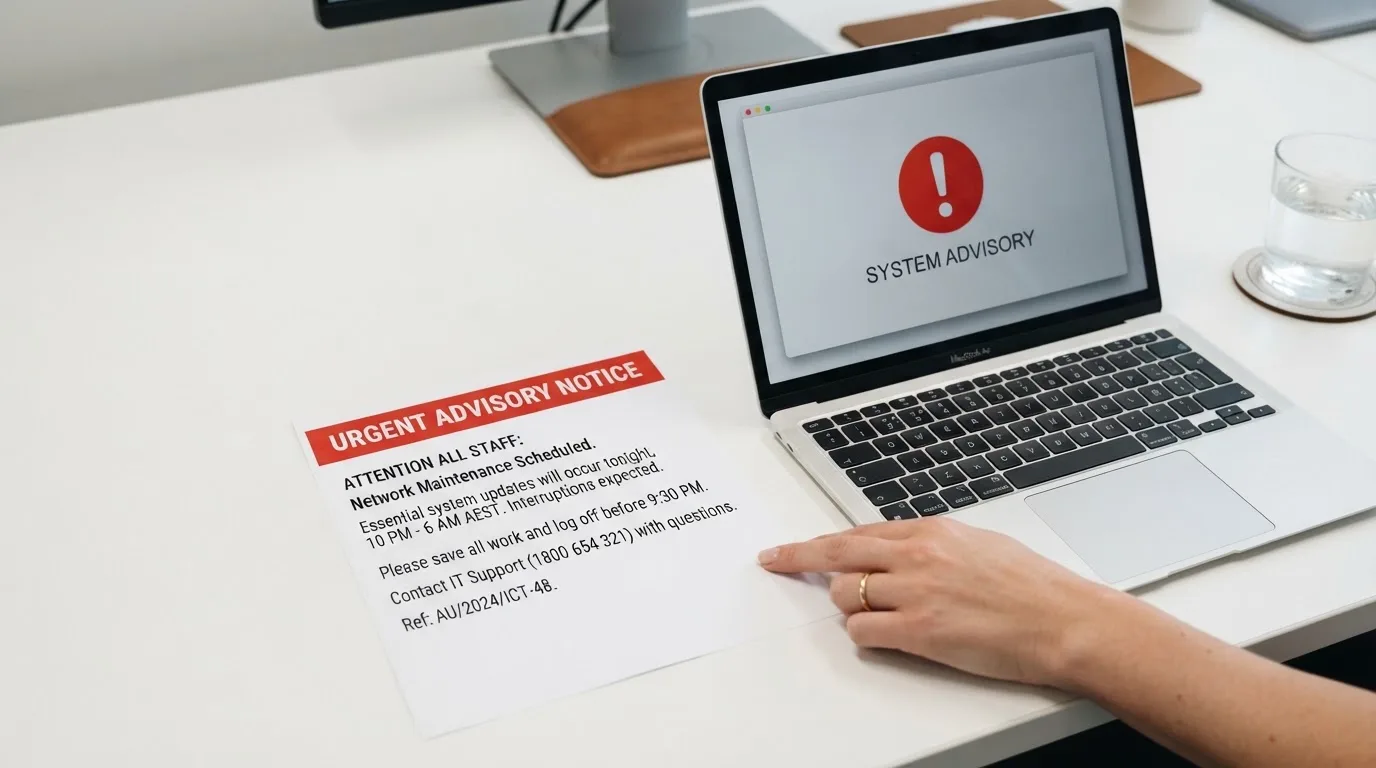 A printed government warning notice on a desk beside a laptop with a red alert icon on the screen.