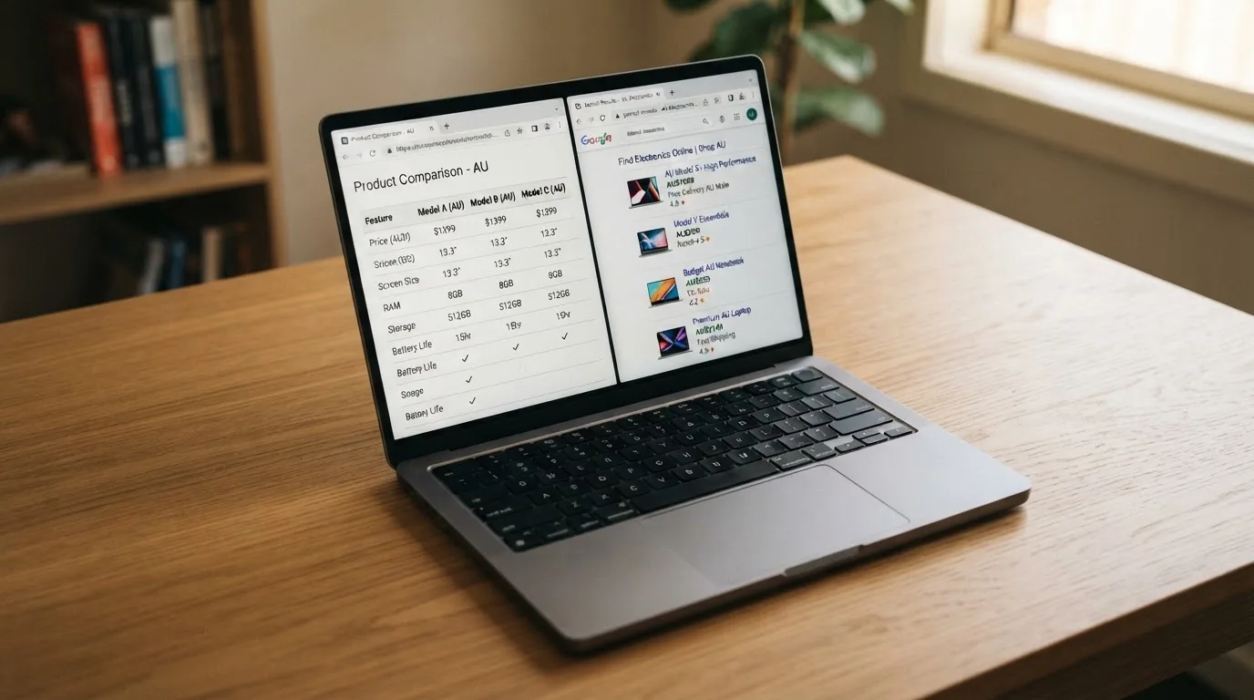 A laptop screen split between two browser tabs, one showing a comparison table and the other a search results page.