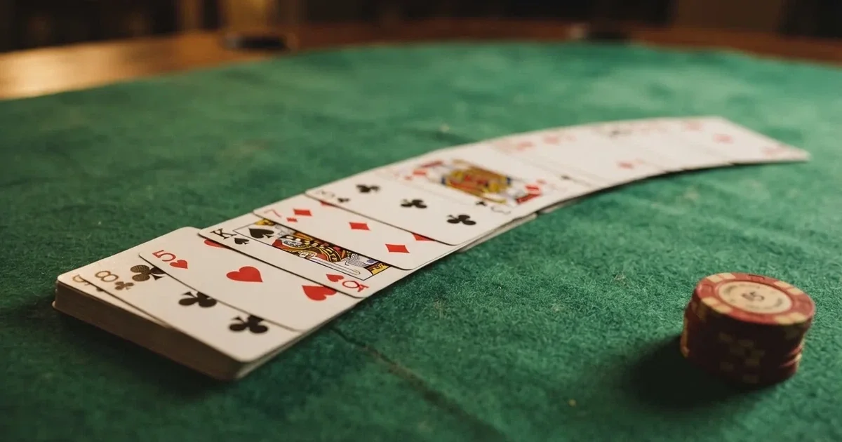 A close-up of a shuffled deck of playing cards fanned out on a green felt table.