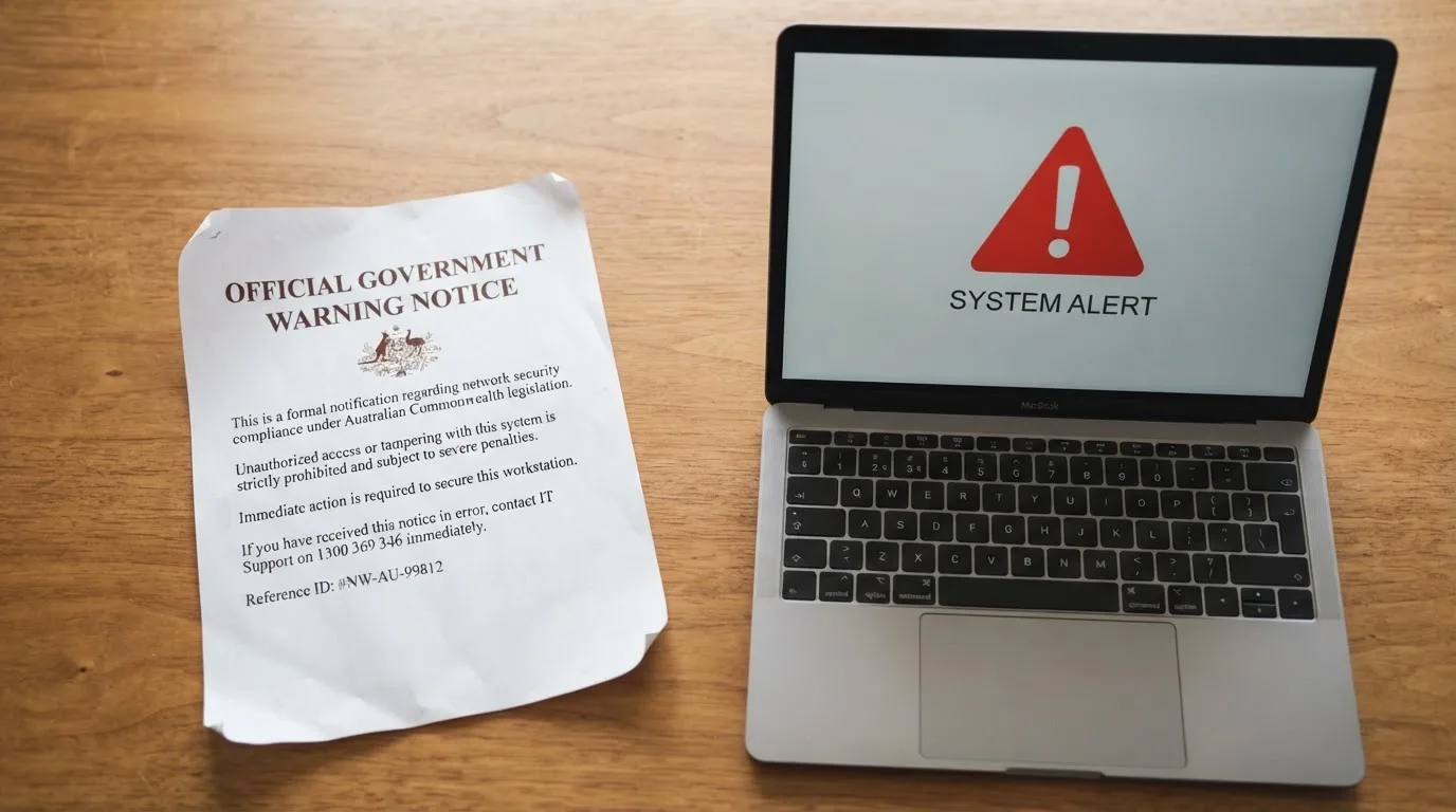 A printed government warning notice on a desk beside a laptop with a red alert icon on the screen.