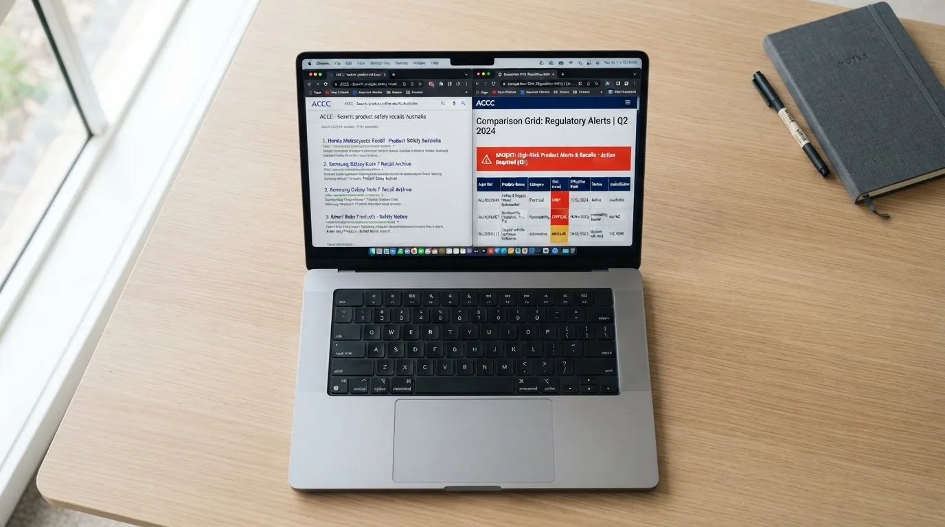 A laptop screen split between two browser tabs, one showing a comparison table and the other a search results page.