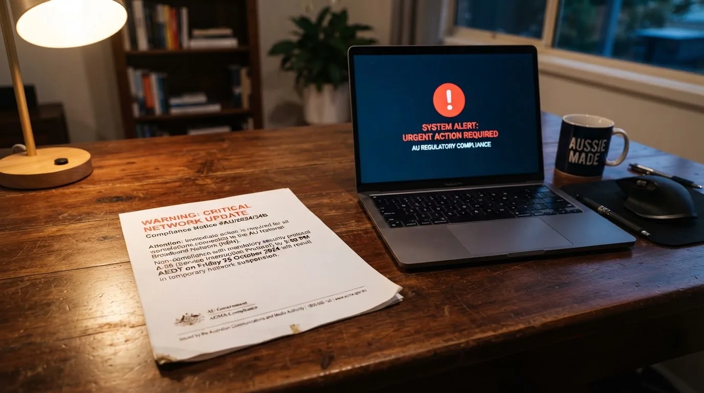 A printed government warning notice on a desk beside a laptop with a red alert icon on the screen.