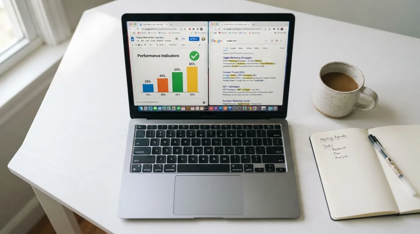 A laptop screen split between two browser tabs, one showing a comparison table and the other a search results page.
