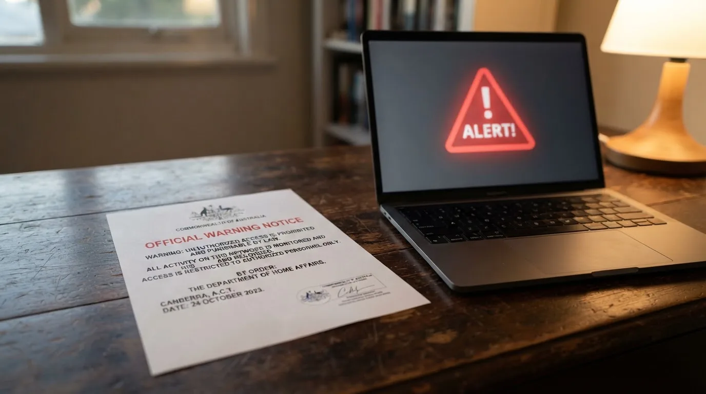 A printed government warning notice on a desk beside a laptop with a red alert icon on the screen.