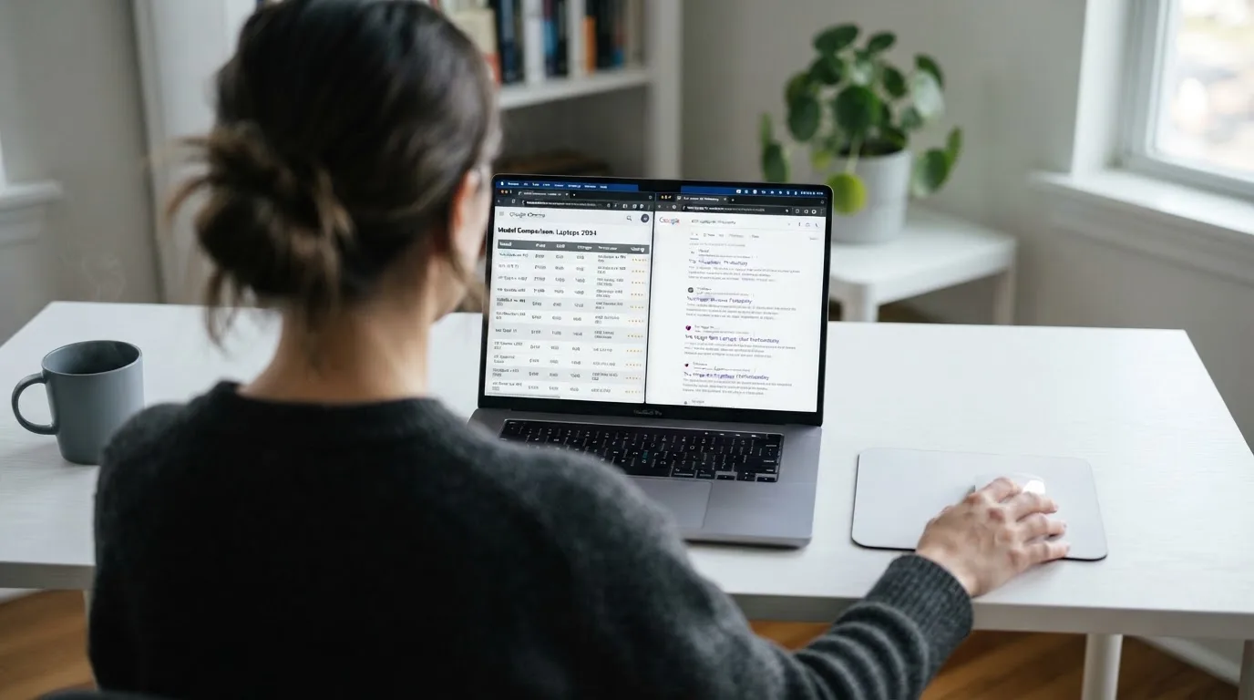 A laptop screen split between two browser tabs, one showing a comparison table and the other a search results page.