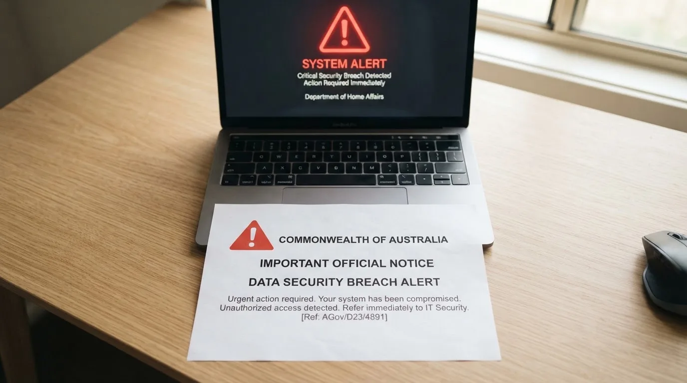 A printed government warning notice on a desk beside a laptop with a red alert icon on the screen.