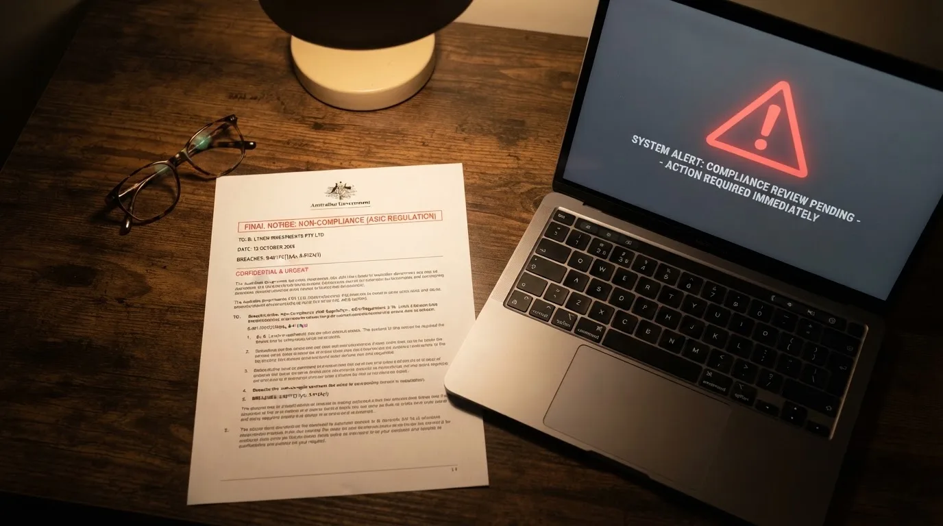 A printed government warning notice on a desk beside a laptop with a red alert icon on the screen.