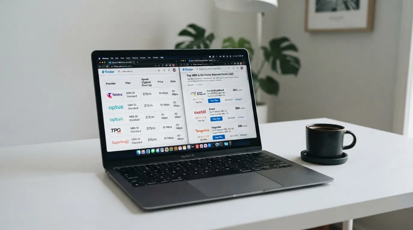 A laptop screen split between two browser tabs, one showing a comparison table and the other a search results page.