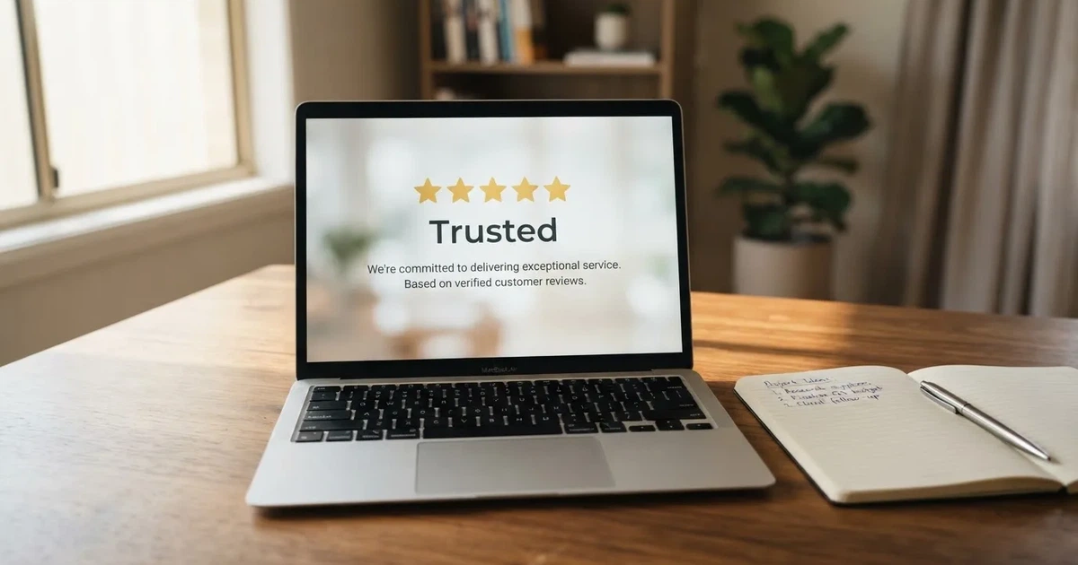 A five-star rating graphic displayed on a laptop screen next to a notepad.