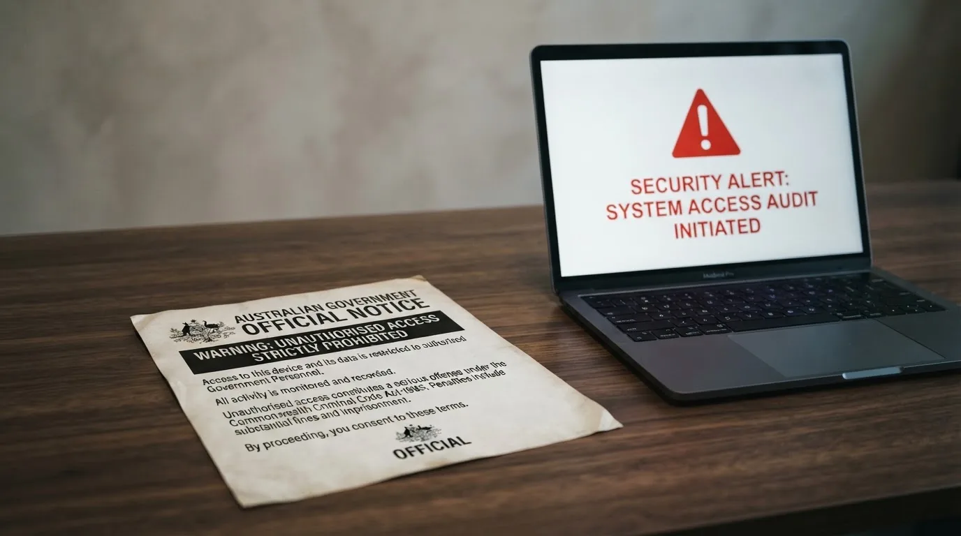 A printed government warning notice on a desk beside a laptop with a red alert icon on the screen.