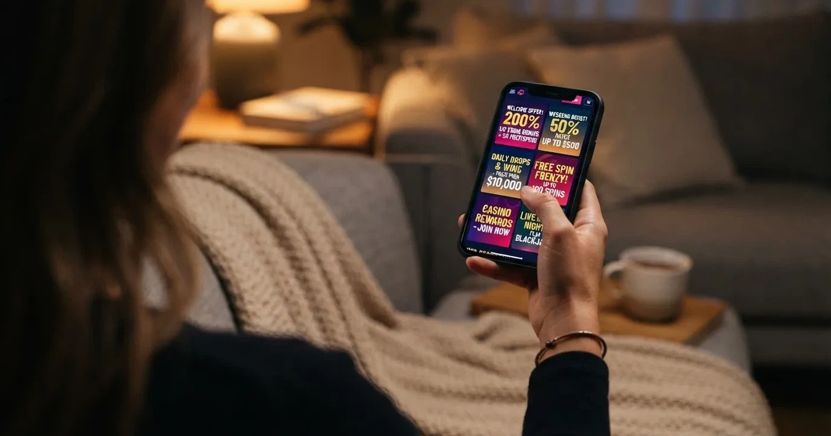 A phone screen shows a list of promotional bonus tiles as someone scrolls with one thumb on a couch in the evening.