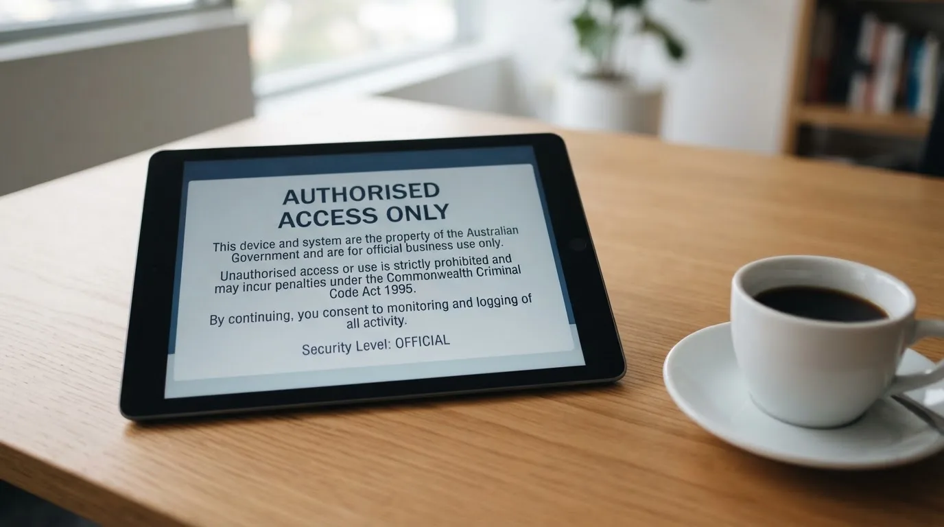 A tablet on a desk displays a plain government-style warning notice page, with a coffee cup beside it.