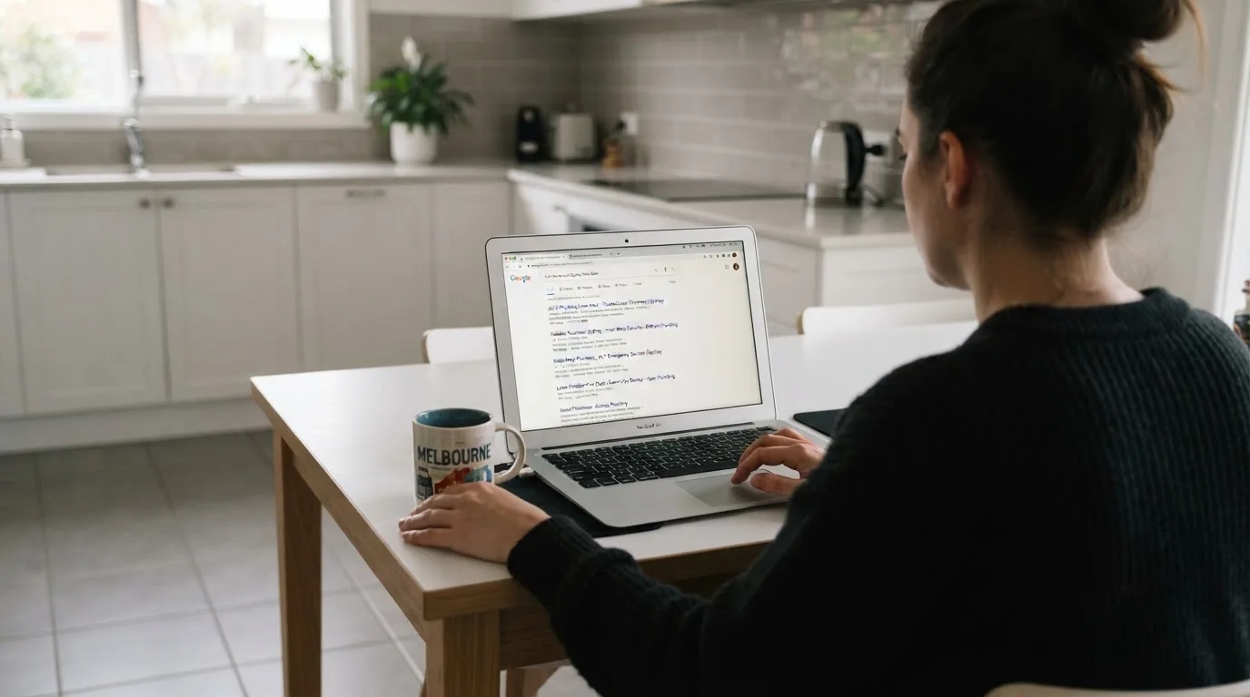 A person sits at a kitchen table, scrolling a laptop showing a general search results page about new casino sites.