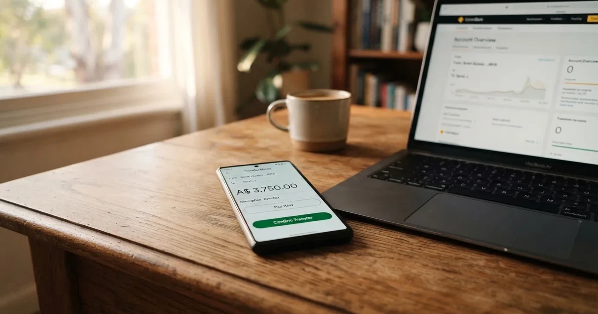 Close-up of a smartphone banking app open beside a laptop on a home desk, mid-transfer.