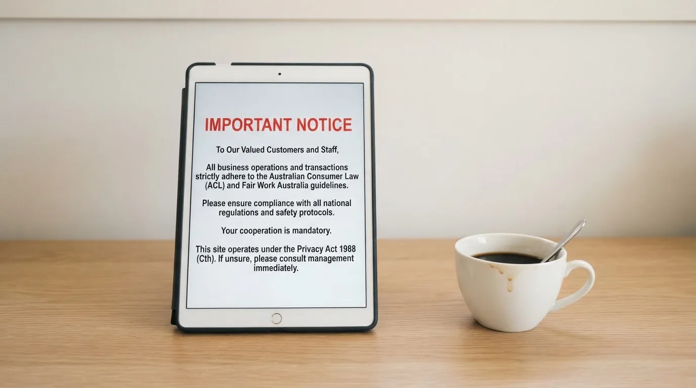 A tablet on a desk displays a plain government-style warning notice page, with a coffee cup beside it.