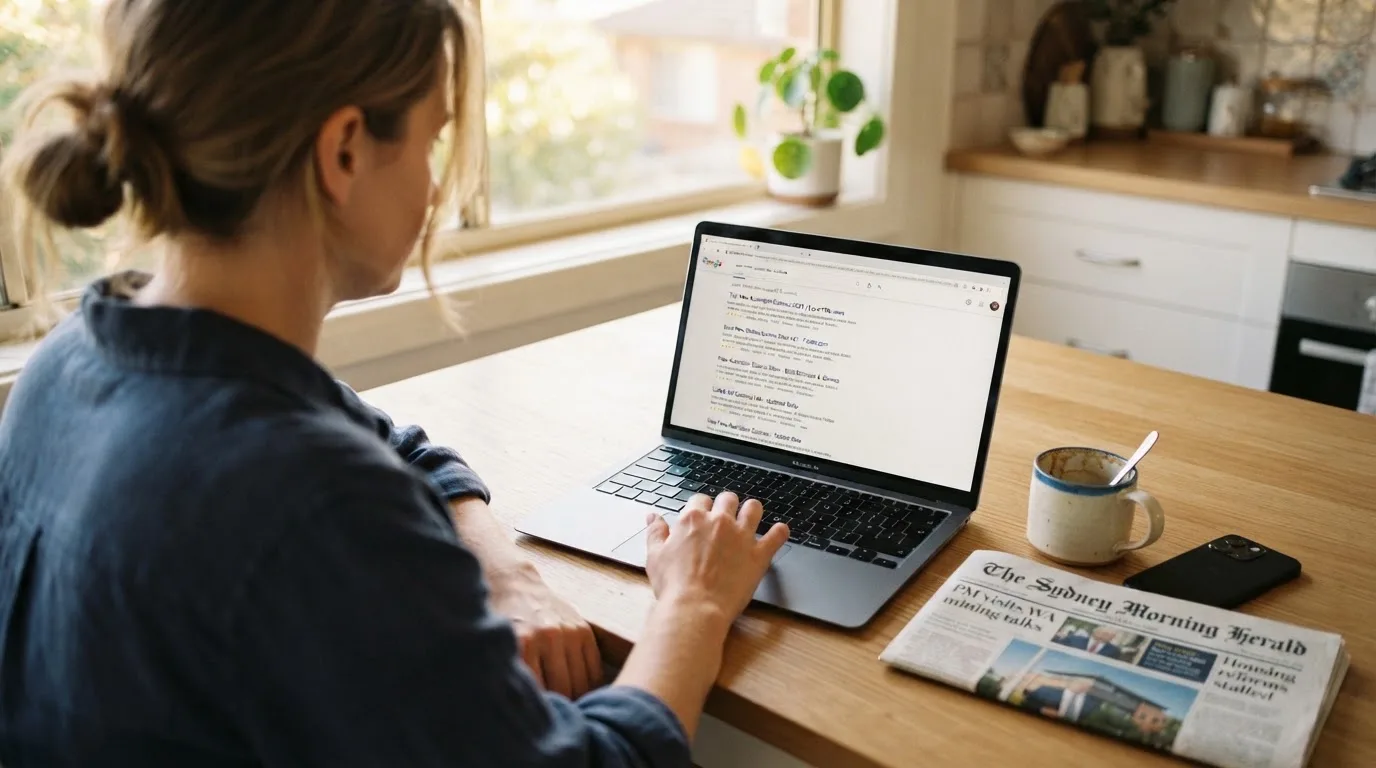A person sits at a kitchen table, scrolling a laptop showing a general search results page about new casino sites.