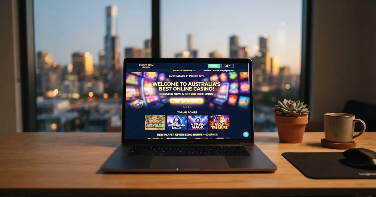 A laptop screen shows a freshly loading website homepage with a 'new' banner, on a plain desk.