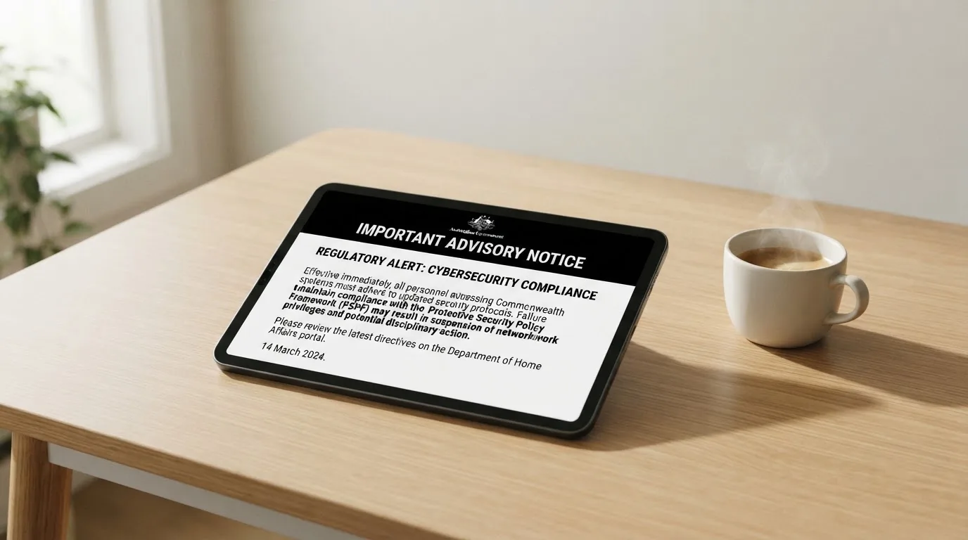 A tablet on a desk displays a plain government-style warning notice page, with a coffee cup beside it.