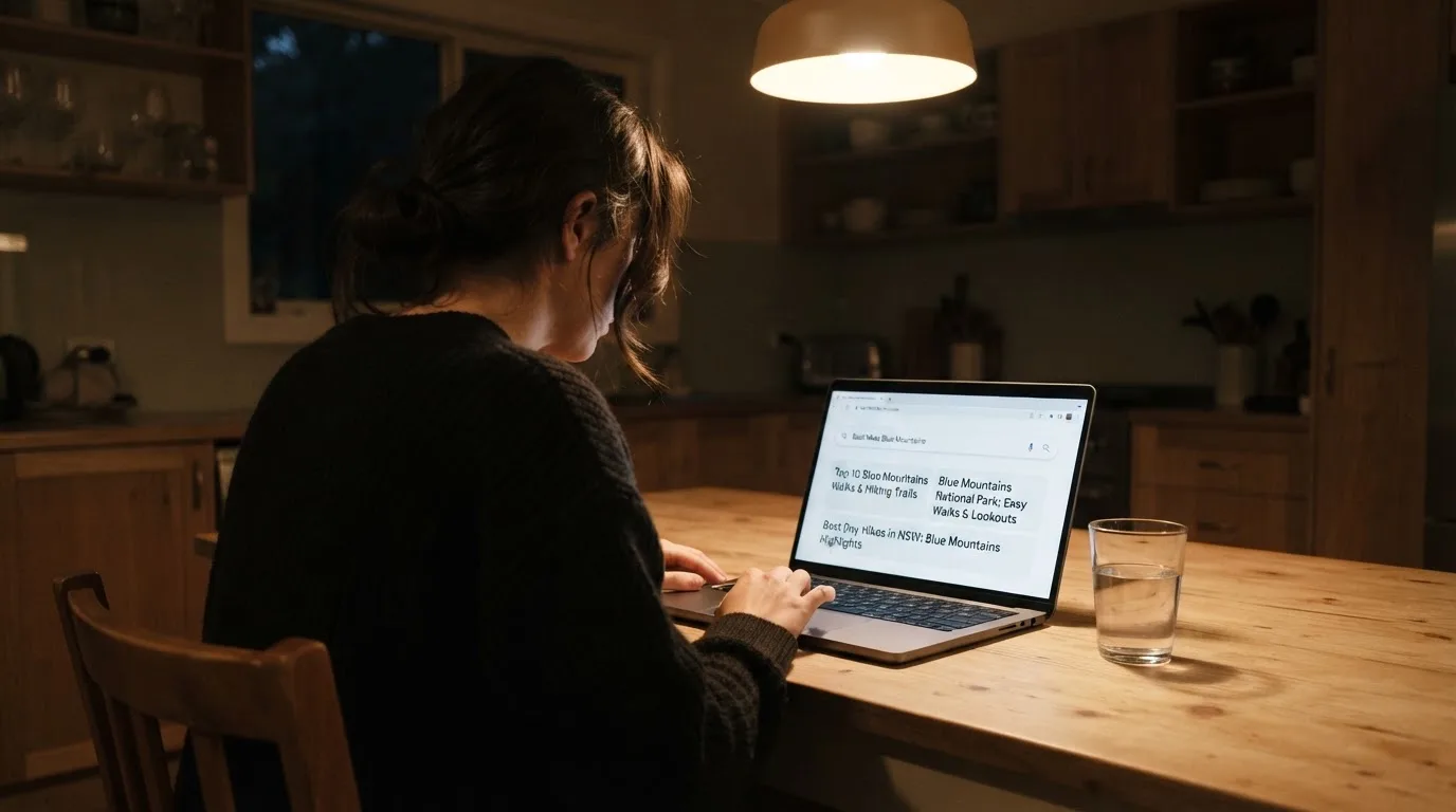 A person sits at a kitchen table in the evening, scrolling a laptop showing a general search results page about bonus offers.